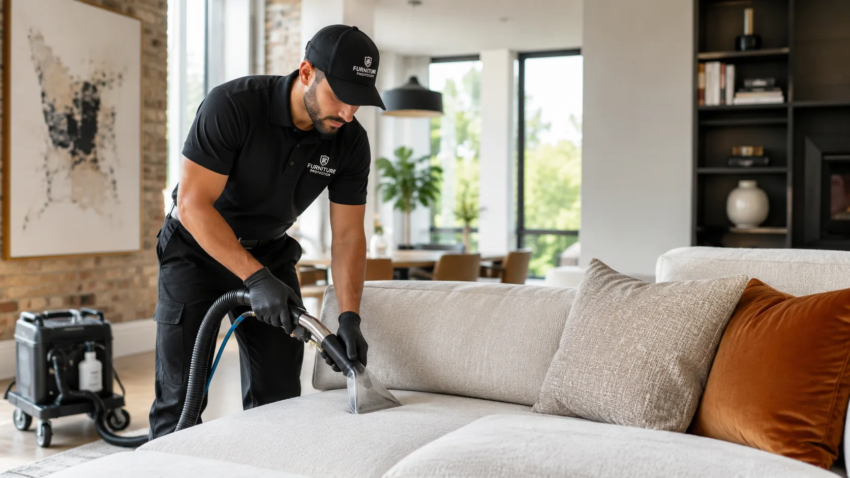Maqsim Protection technicians performing furniture cleaning in a Montreal home